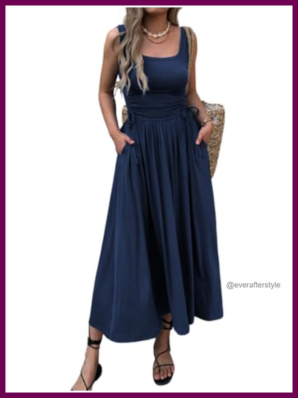 Women's Boho Maxi Dress Sleeveless A-Line Sundress with Pockets Adjustable Waist